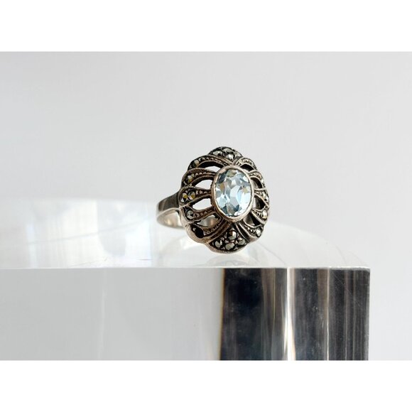 Aquamarine Semi-Precious Marcasite 925 Sterling Silver Vintage Ring - sz 6 - Picture 7 of 11